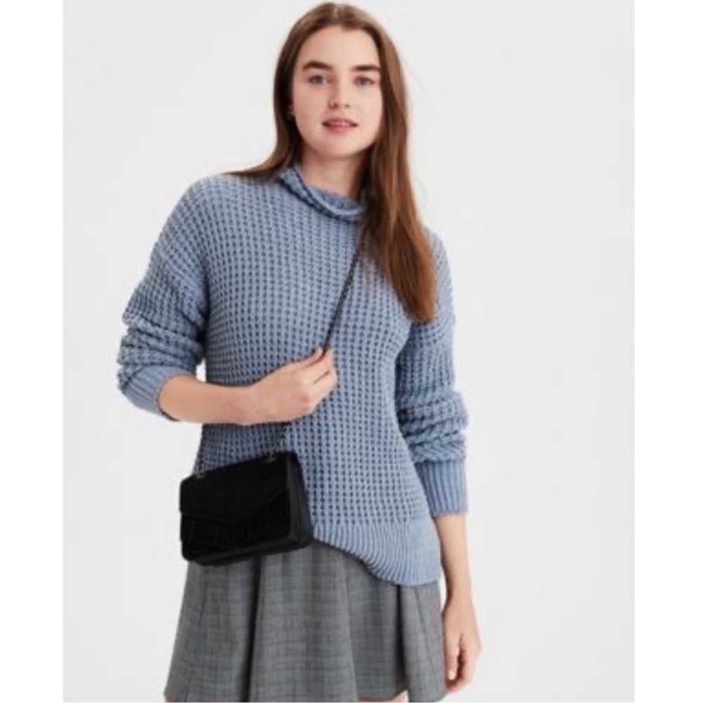 American Eagle Blue Slouchy Waffle Knit Mock Neck Sweater Turtleneck
